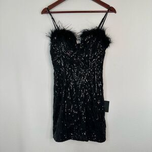 Lulus Shining Presence Black Sequin Embellished Mini Dress with Feathers NWT